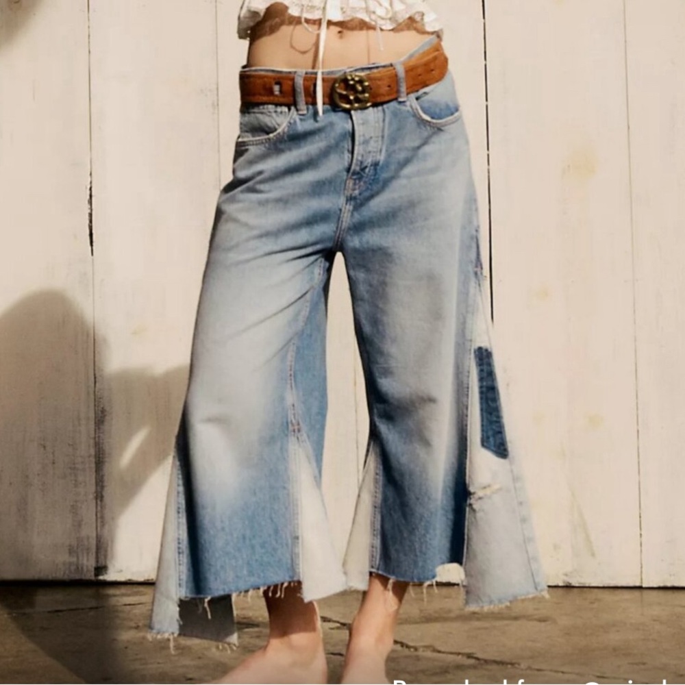 #273 NWT Free People Ripple Wide-Leg Pieced Cropped Jeans